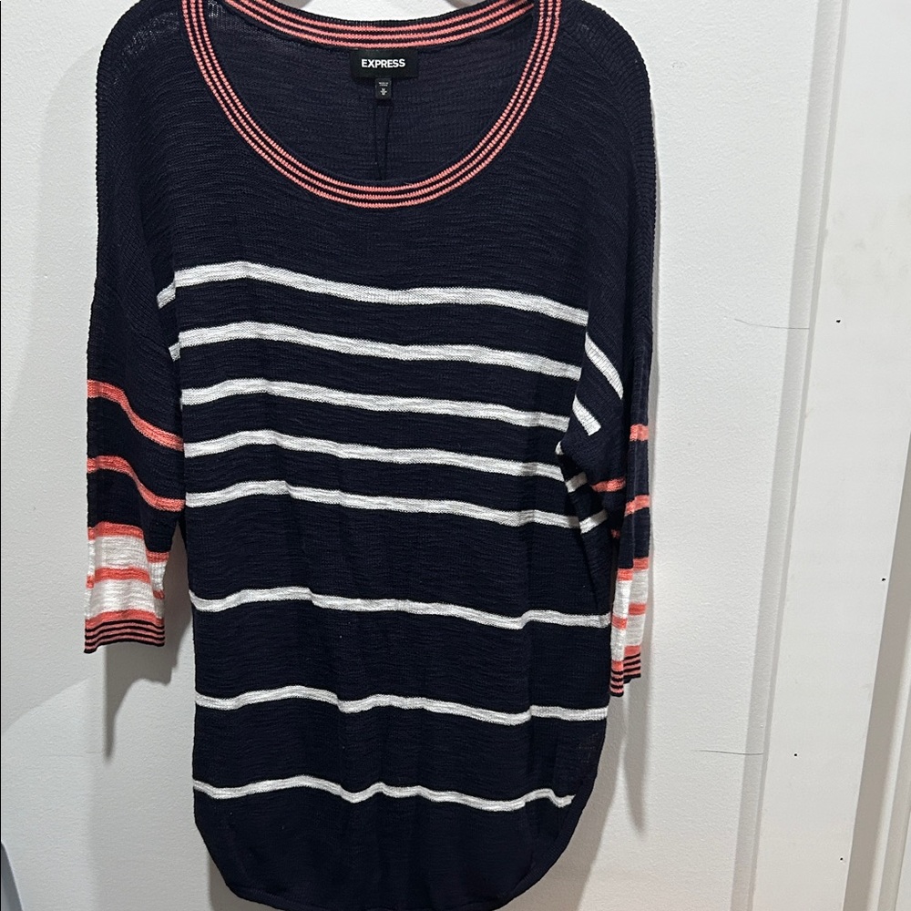 Express Navy and White Striped Knit Top